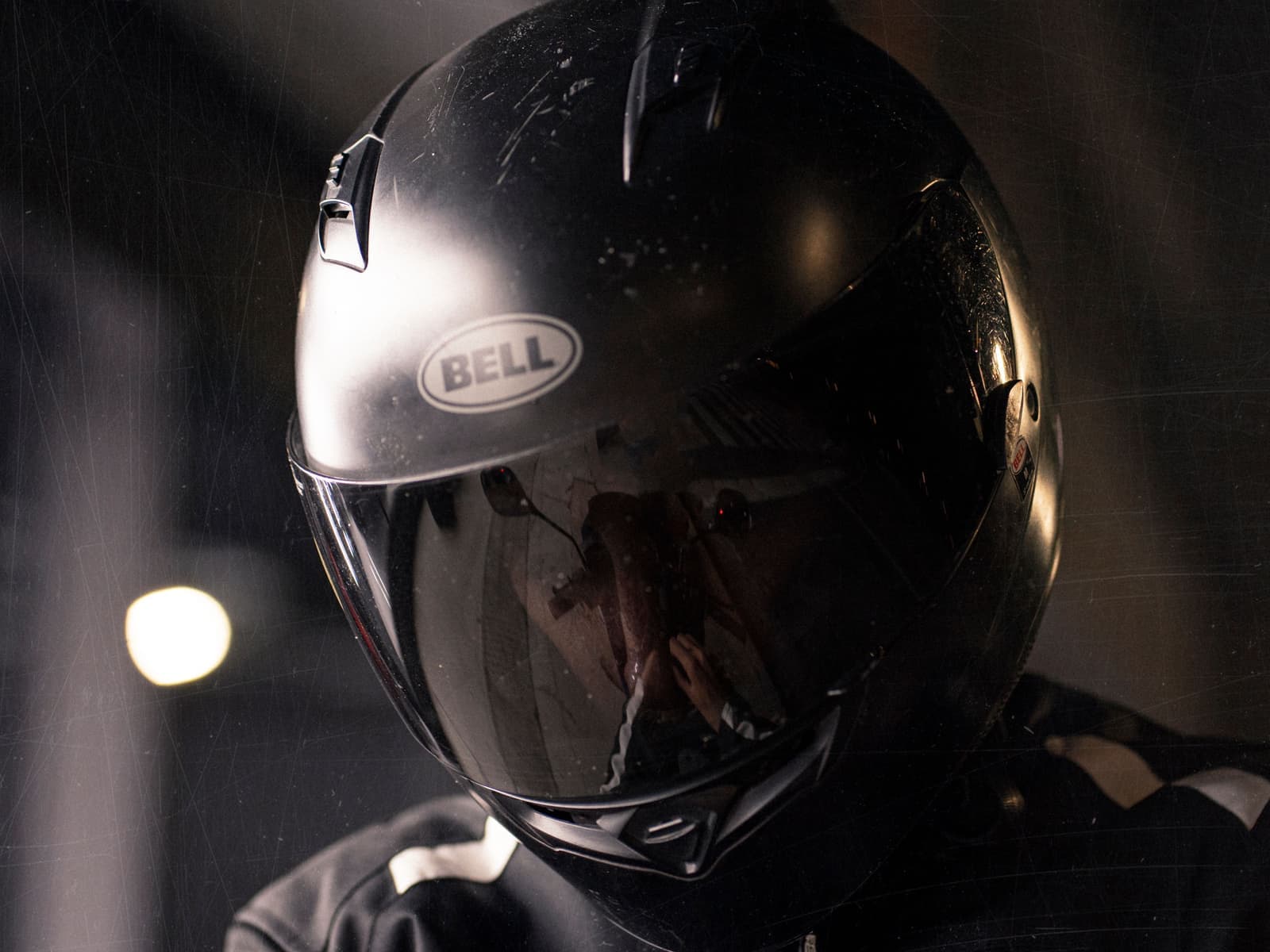 Close-up of certification labels inside a motorcycle helmet